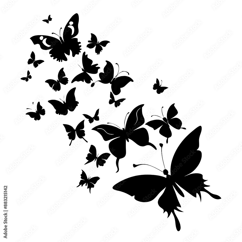 An isolated black silhouette of butterflies flying in flight against a white background. Generative AI An isolated black silhouette of butterflies flying in flight against a white background. Generative AI