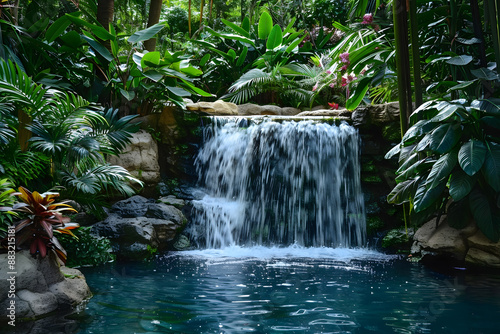 Fototapeta Naklejka Na Ścianę i Meble -  Beautiful landscape photograph of a hidden waterfall nestled in a tropical rainforest, highlighting the peaceful atmosphere and lush surroundings.