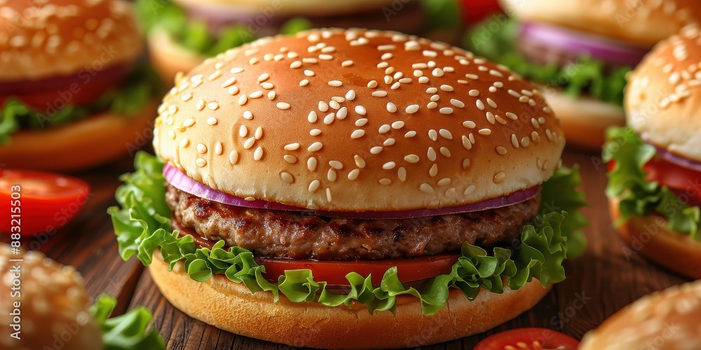 Close-up of a juicy burger with fresh toppings and sesame seed bun Close-up of a juicy burger with fresh toppings and sesame seed bun