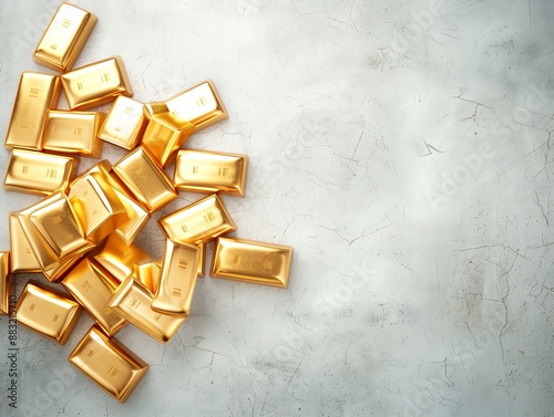 A collection of gold bars scattered on a textured concrete surface, symbolizing wealth and investment opportunities.