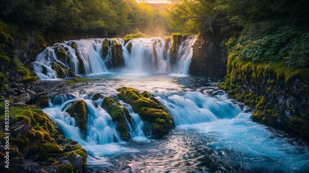 Fototapeta premium Bruarfoss Waterfall at dusk, the cascading blue waters glistening in the dim light, flowing through moss-covered rocks, surrounded by dense green foliage, with the setting sun casting 
