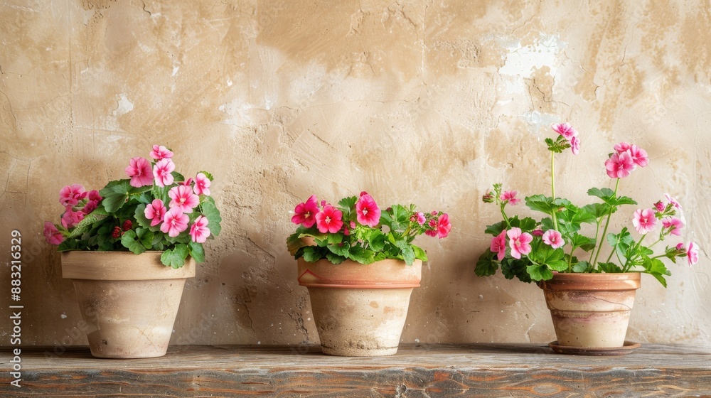 Geranium pots on gardener s table against beige wall in vintage style Geranium pots on gardener s table against beige wall in vintage style