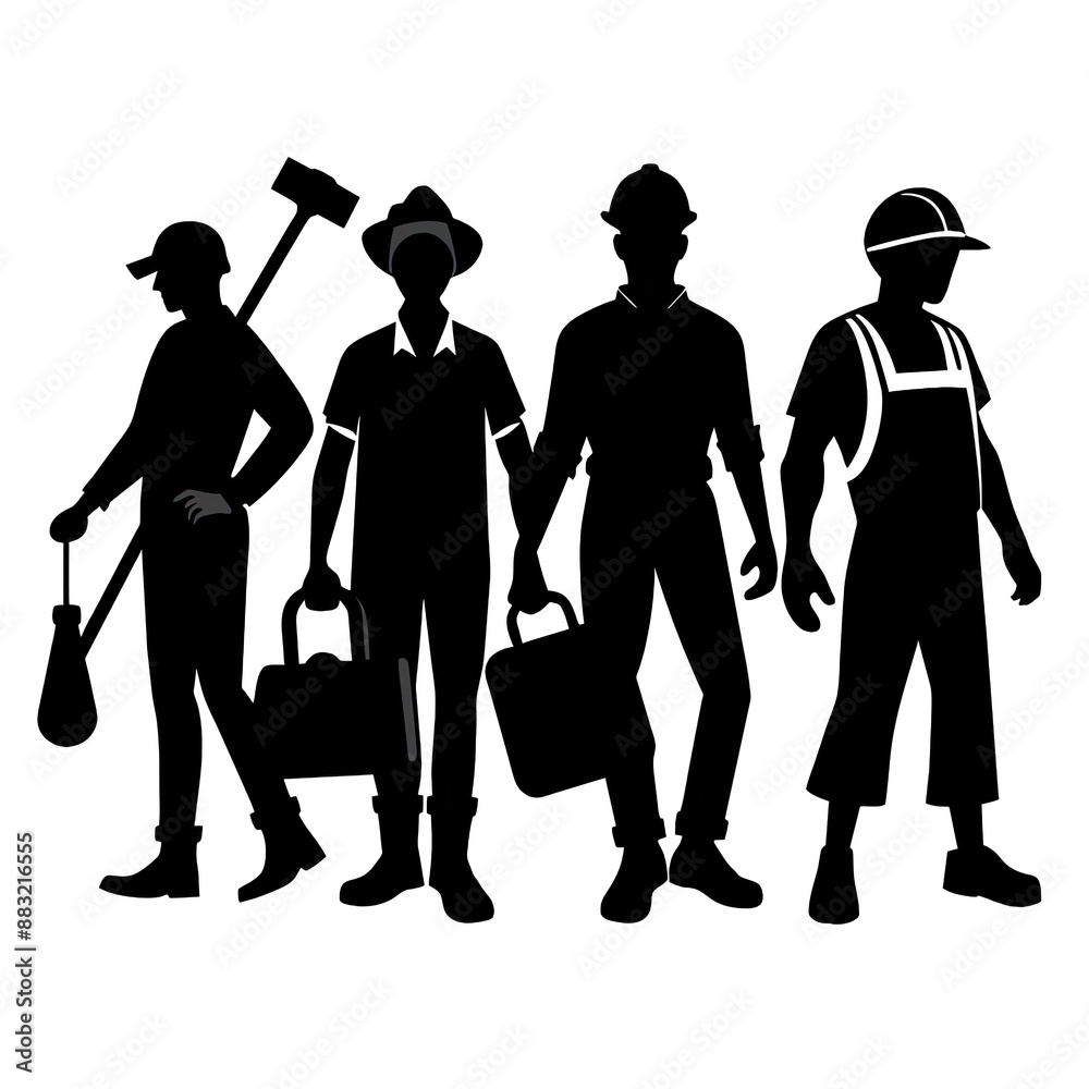 Four workers stand in a line, their silhouettes black against a white background. Each worker is carrying tools or equipment. Generative AI Four workers stand in a line, their silhouettes black against a white background. Each worker is carrying tools or equipment. Generative AI