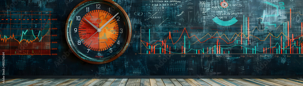 Photo Realistic Blackboard with Market Analysis and Clock Concept for Timely Business Performance Photo Realistic Blackboard with Market Analysis and Clock Concept for Timely Business Performance