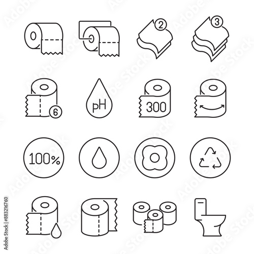 Toilet paper roll editable stroke outline icons set isolated on white background flat vector illustration