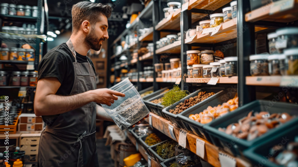 Man organizing jars in a spice store, selecting fresh herbs and spices Man organizing jars in a spice store, selecting fresh herbs and spices