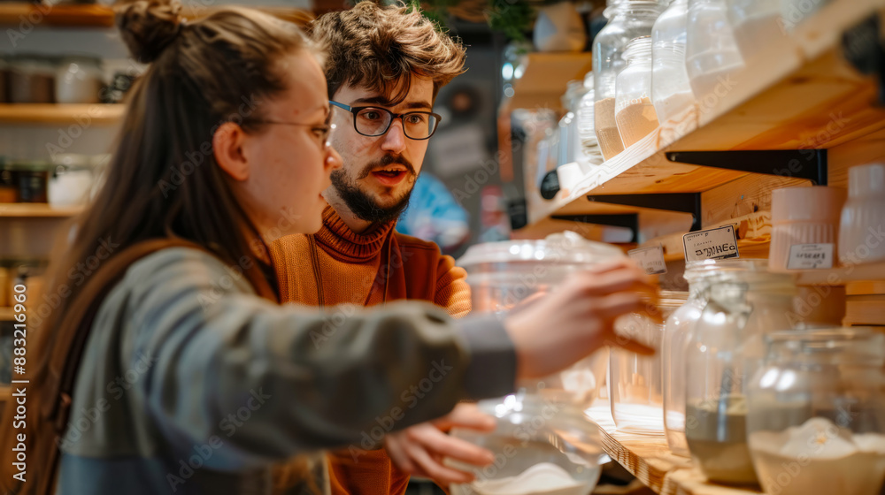 Young man and woman selecting ingredients from glass jars in a zero-waste store, engaging in a sustainable lifestyle by choosing eco-friendly, plastic-free products Young man and woman selecting ingredients from glass jars in a zero-waste store, engaging in a sustainable lifestyle by choosing eco-friendly, plastic-free products