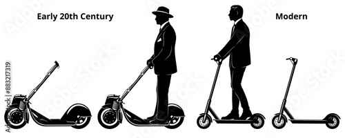 Silhouettes of Vintage and Modern Electric Scooter. With and without man riding on it. Vector cliparts isolated on white.