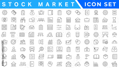 Stock market icons set with fully editable stroke thin line vector illustration with stock marketing, stock exchange, investment, shares, financial goals, bear marketing, trading, securities, money