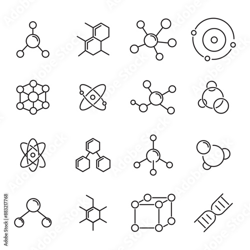 Molecule, cell, atom, protein editable stroke outline icons set isolated on white background flat vector illustration