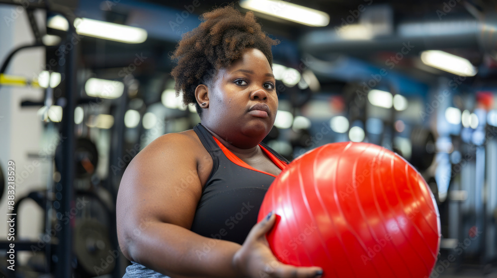 Determined Plus-Size Woman Exercising with Red Fitness Ball in Gym, Focused and Motivated, Promoting Body Positivity and Fitness Determined Plus-Size Woman Exercising with Red Fitness Ball in Gym, Focused and Motivated, Promoting Body Positivity and Fitness