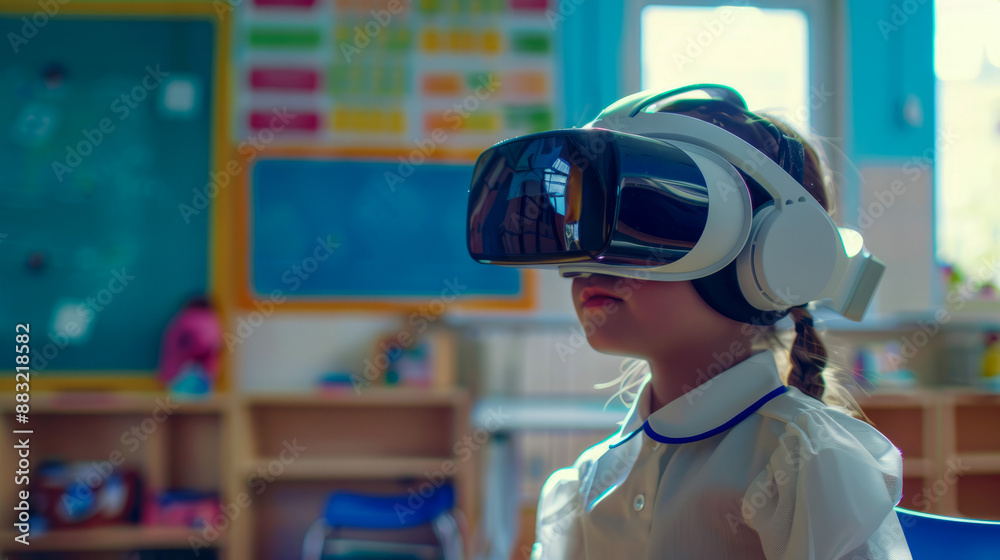Young student exploring virtual reality in classroom with VR headset Young student exploring virtual reality in classroom with VR headset