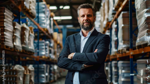Confident Businessman in Suit Standing in Warehouse with Arms Crossed © Maestro