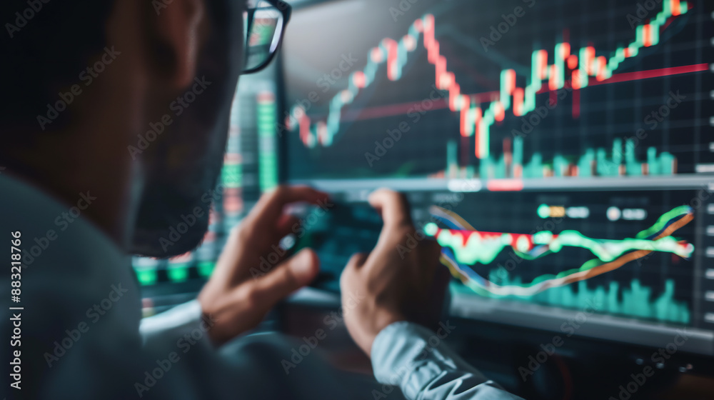 Stock market analysis of marketing trends by a businessman looking at a graph on his company's computer monitor screen while planning an investment strategy, illustration stock image Stock market analysis of marketing trends by a businessman looking at a graph on his company's computer monitor screen while planning an investment strategy, illustration stock image