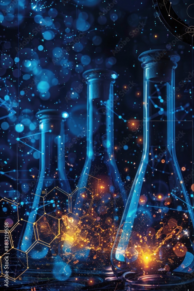 Three glass flasks filled with glowing liquid and surrounded by chemical structures against a dark blue background with bokeh Three glass flasks filled with glowing liquid and surrounded by chemical structures against a dark blue background with bokeh