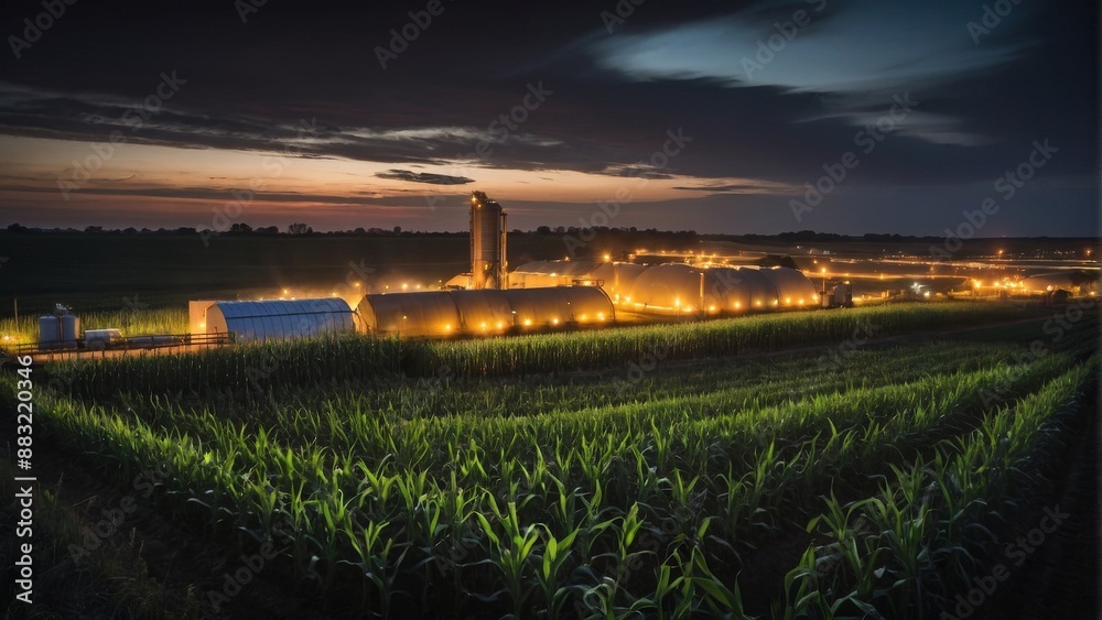 Obraz premium An image of rural agriculture with corn fields and biomass gas generators