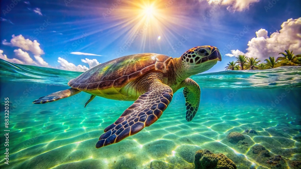 Obraz premium Vibrant green sea turtle effortlessly glides through crystal-clear turquoise waters, near sun-kissed shore, amidst tranquil ocean scenery on a warm day.