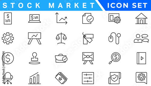 Stock market icons set with fully editable stroke thin line vector illustration with stock marketing, stock exchange, investment, shares, financial goals, bear marketing, trading, securities, money
