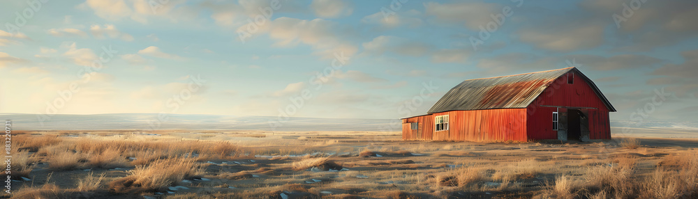Half Tone Countryside with Red Barn on Dreamy Background Rustic Charm and Simplicity. Half Tone Countryside with Red Barn on Dreamy Background Rustic Charm and Simplicity.