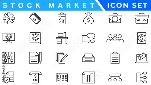 Stock market icons set with fully editable stroke thin line vector illustration with stock marketing, stock exchange, investment, shares, financial goals, bear marketing, trading, securities, money
