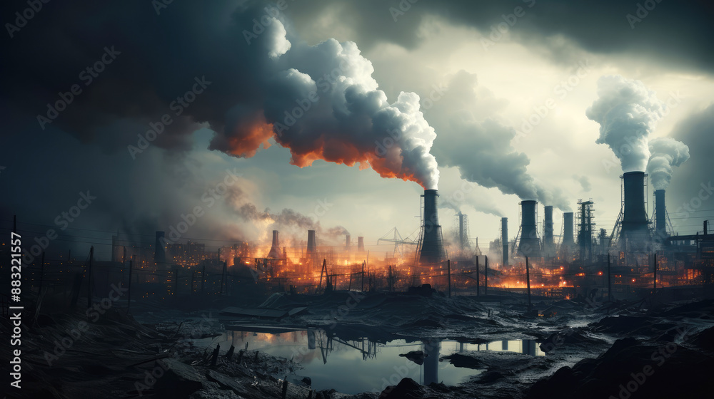 generated illustration of power plant with smoking chimneys on a background of blue sky generated illustration of power plant with smoking chimneys on a background of blue sky