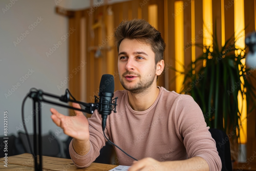 © alisaaa - Portrait of a young man talking on the microphone at the radio station © alisaaa - Portrait of a young man talking on the microphone at the radio station