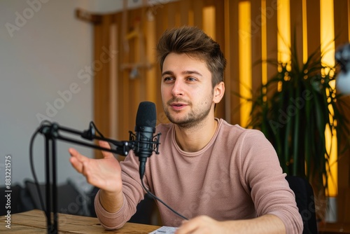 Portrait of a young man talking on the microphone at the radio station