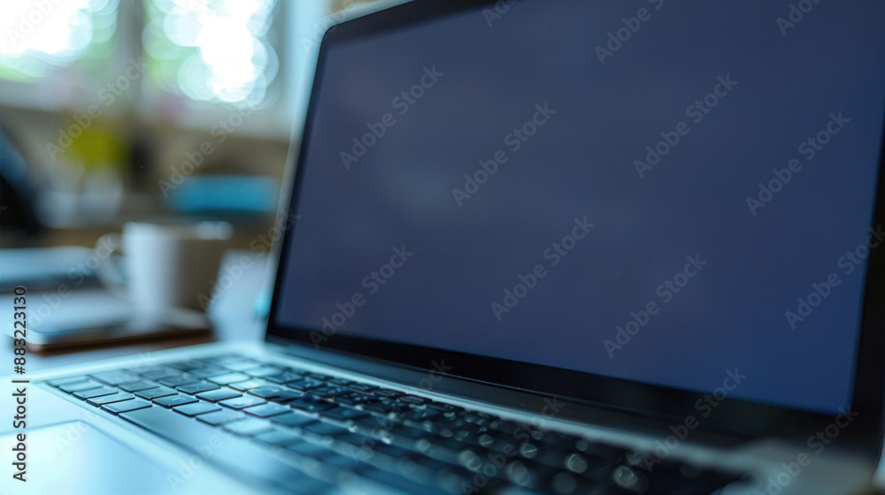 Close-Up of Laptop on Wooden Table with Blurred Background