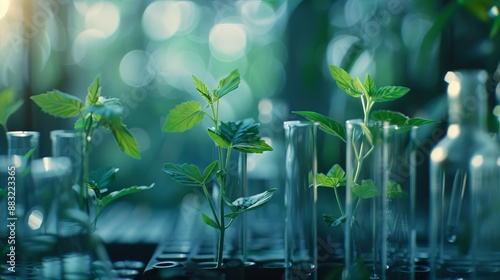 Concept of green technology with plants growing in glass flasks