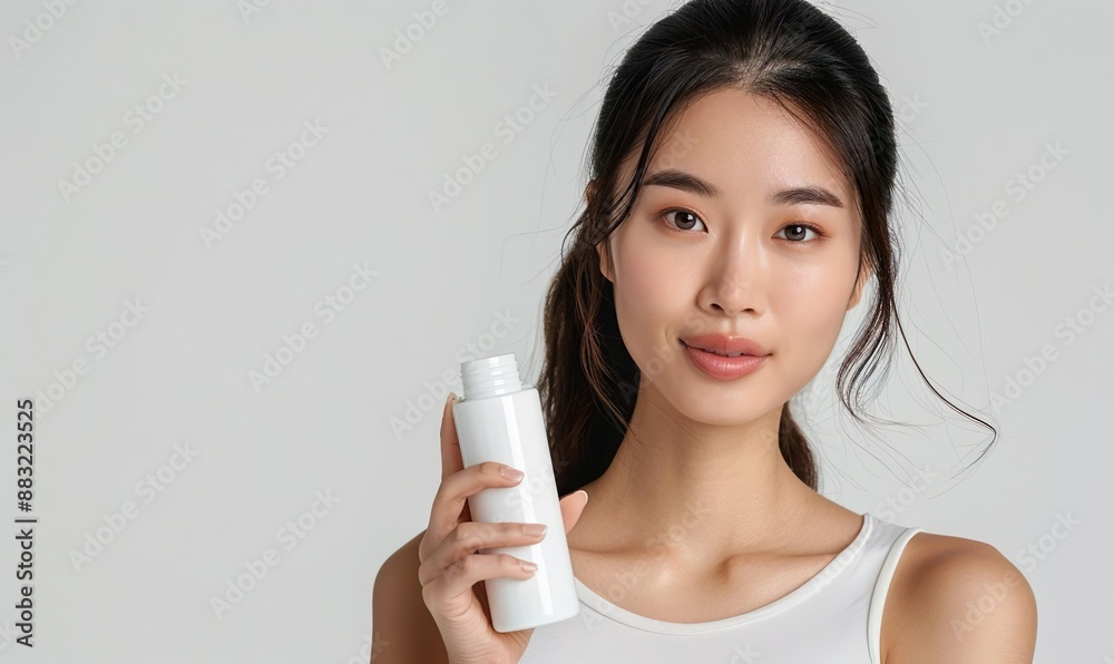 A Beautiful Women with Fresh Skin Holding Skincare Products, Representing Face Care, Beauty, and Body Care, Perfect for Skincare Concepts in a Soft and Serene Setting A Beautiful Women with Fresh Skin Holding Skincare Products, Representing Face Care, Beauty, and Body Care, Perfect for Skincare Concepts in a Soft and Serene Setting