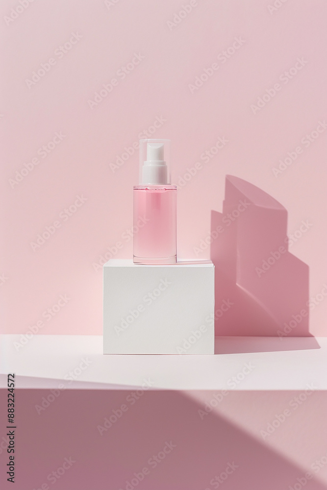 A minimalistic mockup of a pink spray bottle on a white pedestal with a soft pink background and copy space. A minimalistic mockup of a pink spray bottle on a white pedestal with a soft pink background and copy space.