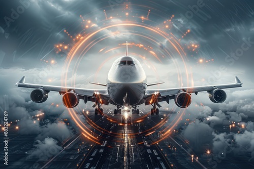 A futuristic airplane with digital interface, preparing for takeoff amid dramatic clouds and glowing technological elements