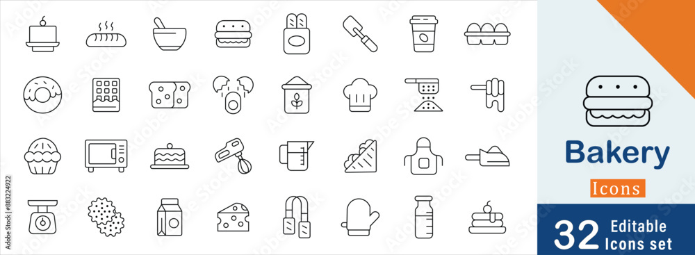 custom made wallpaper toronto digitalBakery line stroke icon set Coffee cup, Hamburger, Chocolate bar, Sandwich, Biscuit, Knife and more editable icon