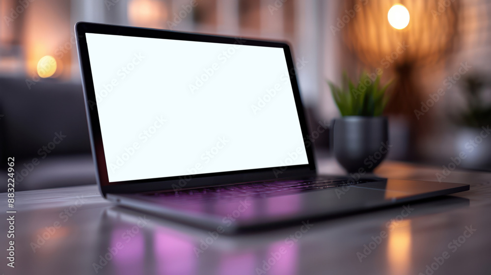 Blank Laptop Screen in Cozy Home Setting Blank Laptop Screen in Cozy Home Setting