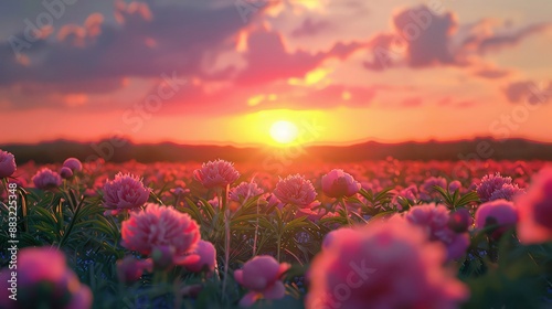 Fototapeta Naklejka Na Ścianę i Meble -  Sunset over a field of pink peonies