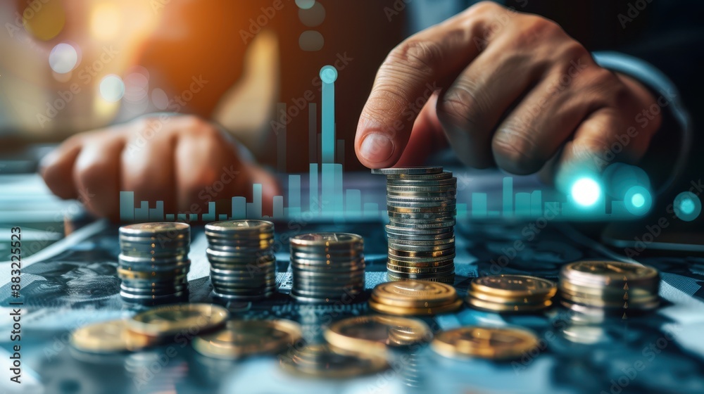 Businessman stacking coins on a financial chart. Concept of financial growth, investment, and business success. Blurred background with data overlay. Businessman stacking coins on a financial chart. Concept of financial growth, investment, and business success. Blurred background with data overlay.