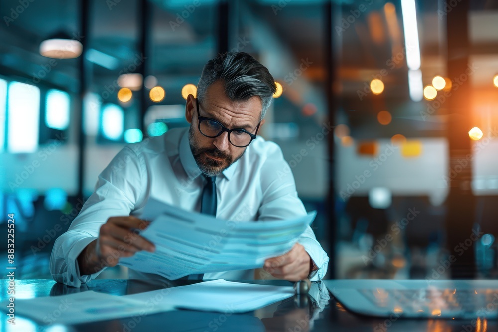 Businessman reviewing documents at modern office. Professional working late, focused on analysis. Corporate environment with blurred background. Businessman reviewing documents at modern office. Professional working late, focused on analysis. Corporate environment with blurred background.