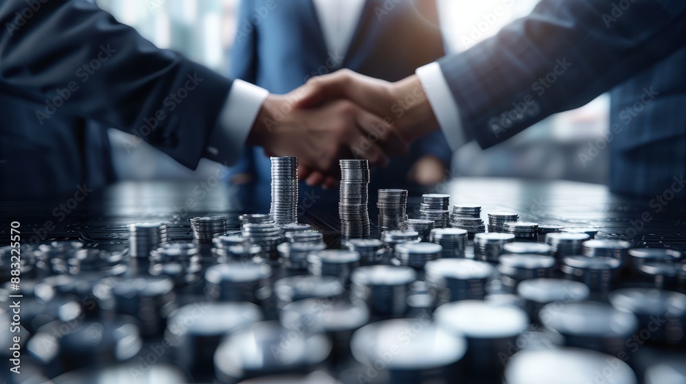 Businessmen shaking hands over a table filled with coins, symbolizing financial agreement, partnership, and successful negotiation. Businessmen shaking hands over a table filled with coins, symbolizing financial agreement, partnership, and successful negotiation.