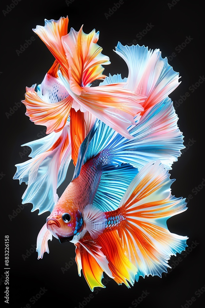 Vibrant multicolored Betta fish with flowing fins against a dark background, showcasing intricate patterns and graceful movement. Vibrant multicolored Betta fish with flowing fins against a dark background, showcasing intricate patterns and graceful movement.
