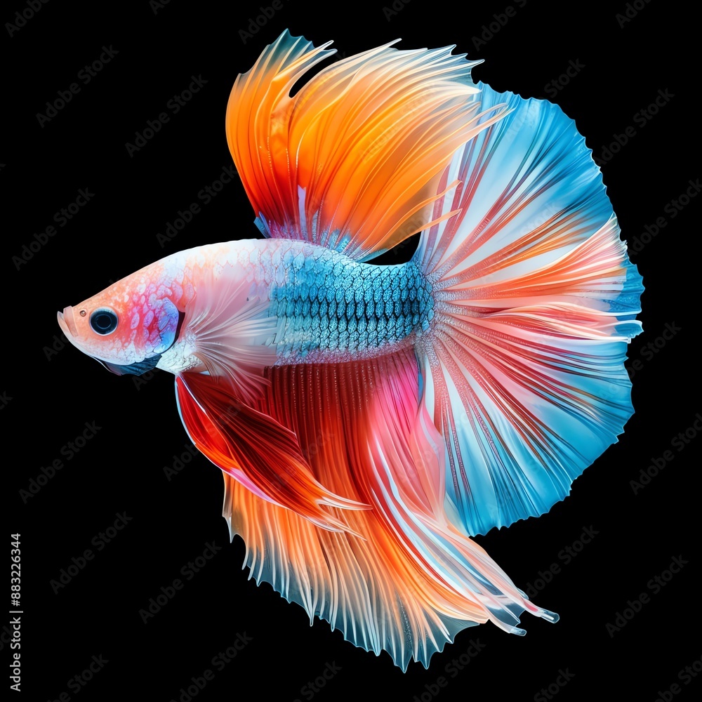 Fototapeta premium Stunning close-up of a vibrant, multicolored Betta fish with delicate fins swimming gracefully on a black background.