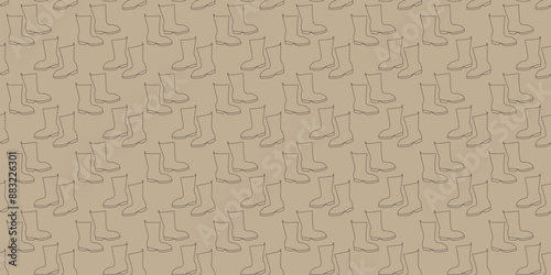 Black line Waterproof rubber boot isolated seamless pattern on Brown background. Gumboots for rainy weather, fishing, gardening. Vector Illustration, Template for Textile, Wallpaper, Cover