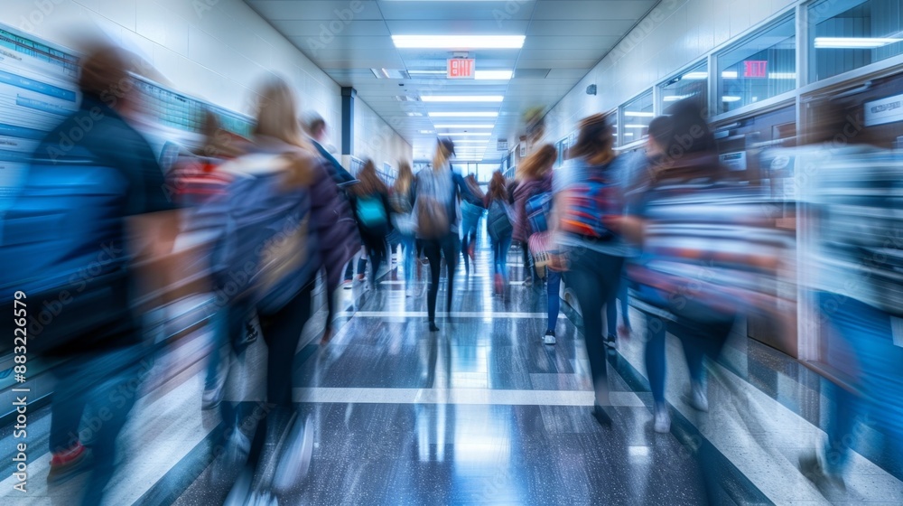 Obraz premium Blurred Motion of Students in a School Hallway - Abstract, Dynamic, and Educational