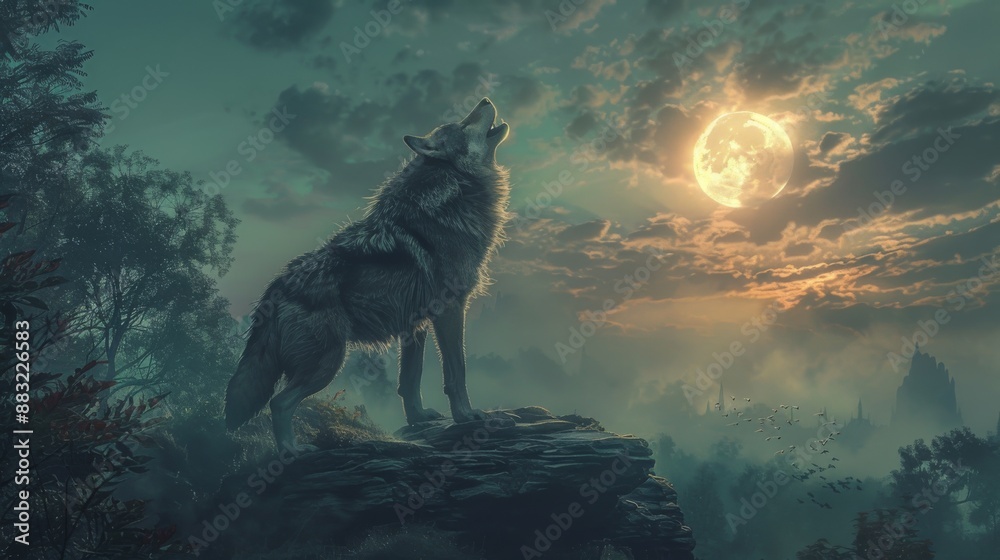 Wolf Howling at the Moon in a Mystical Forest. Wolf Howling at the Moon in a Mystical Forest.