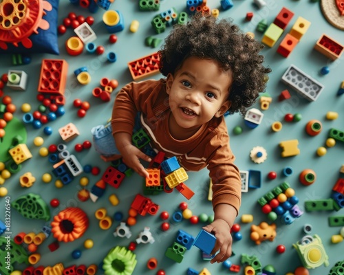 Happy child playing with colorful building blocks and toys, creating a fun and imaginative playtime experience. photo