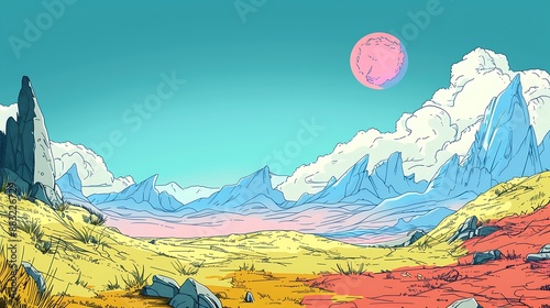 Rocky desert landscape with blue mountains and pink moon photo