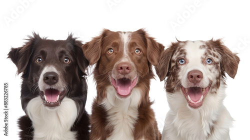 Three happy Border Collies with varying coat colors, smiling and looking at the camera, isolated on a white background.