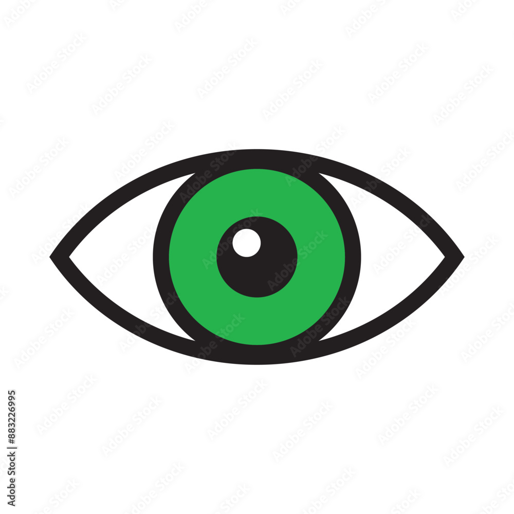 Opened green eye icon sign isolated on white background. Look, see, sight, view sign and symbol. Vector linear graphic element. Optical and search theme in minimal design style. Eye pupil with glare. Opened green eye icon sign isolated on white background. Look, see, sight, view sign and symbol. Vector linear graphic element. Optical and search theme in minimal design style. Eye pupil with glare.