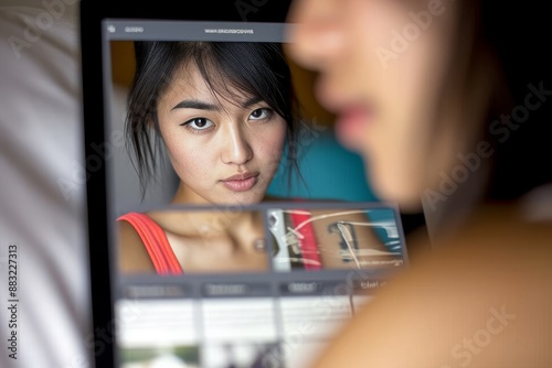 Young woman looking at a modern digital tablet computer screen. There is an internet web page visable on the monitor of the digital device. The photo was taken indoors in a domestic room photo