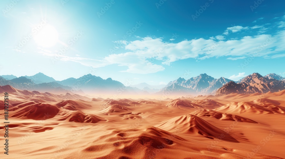 Stunning desert landscape with sand dunes under a clear blue sky and mountain range in the background, a perfect representation of natural beauty. Stunning desert landscape with sand dunes under a clear blue sky and mountain range in the background, a perfect representation of natural beauty.