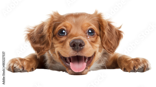 Adorable puppy with a happy expression, lying down. Perfect for pet-themed stock photos, showcasing playful and cute canine moments.